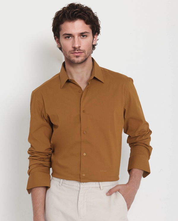 Rare Rabbit Men's Benedict Mustard Cotton Poly Elastane Blend Fabric Full Sleeve Solid Formal Shirt