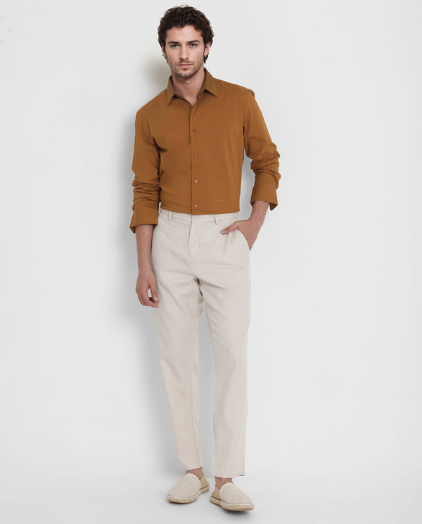 Rare Rabbit Men's Benedict Mustard Cotton Poly Elastane Blend Fabric Full Sleeve Solid Formal Shirt