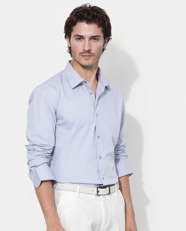Rare Rabbit Men's Benedict Pastel Purple Cotton Poly Elastane Blend Fabric Full Sleeve Solid Formal Shirt