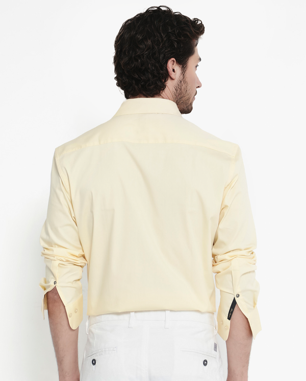 Rare Rabbit Men's Benedict Pastel Yellow Cotton Poly Elastane Blend Fabric Full Sleeve Solid Formal Shirt