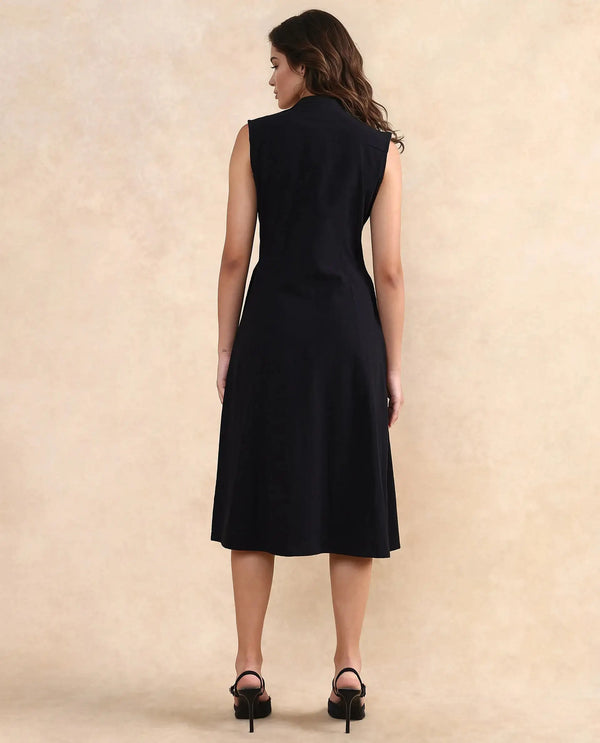 Rareism Women Beniz Dark Black Sleeveless High Neck Button Closure A-Line Fit Midi Plain Dress