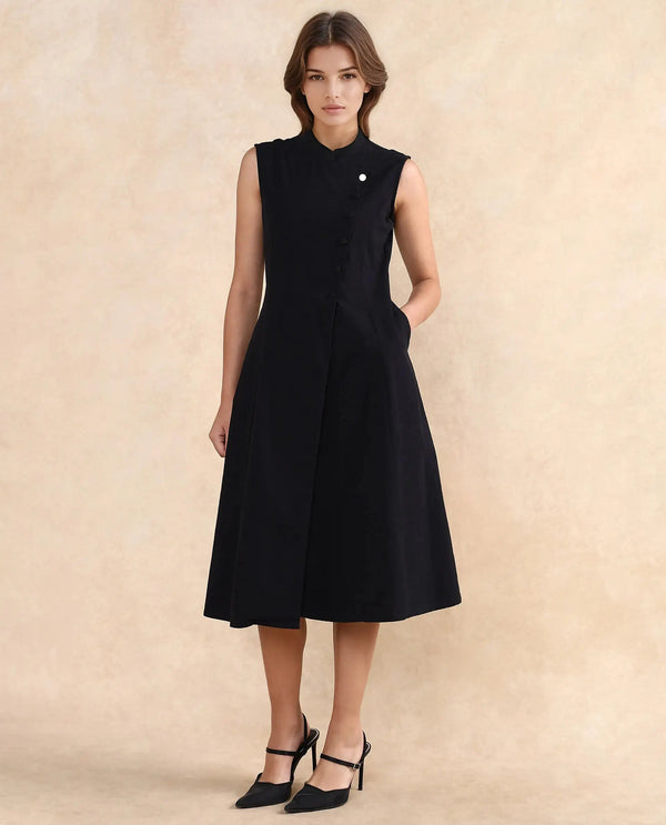 Rareism Women Beniz Dark Black Sleeveless High Neck Button Closure A-Line Fit Midi Plain Dress