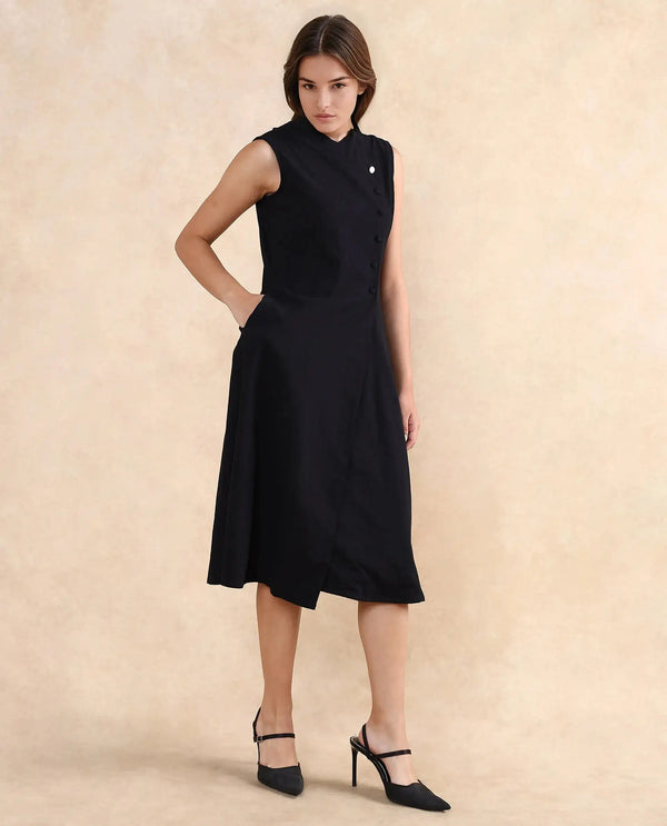 Rareism Women Beniz Dark Black Sleeveless High Neck Button Closure A-Line Fit Midi Plain Dress
