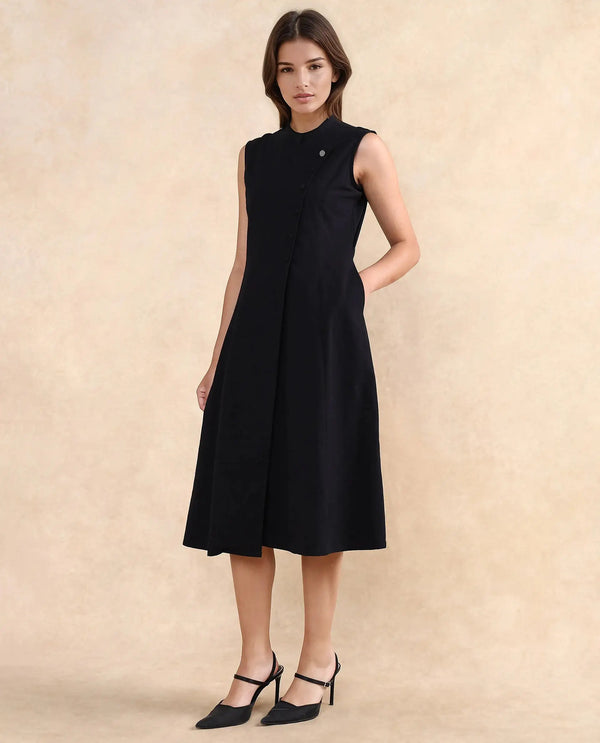 Rareism Women Beniz Dark Black Sleeveless High Neck Button Closure A-Line Fit Midi Plain Dress