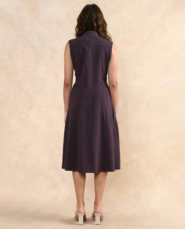 Rareism Women Beniz Dark Brown Cotton Fabric Sleeveless High Neck Button Closure A-Line Fit Midi Plain Dress