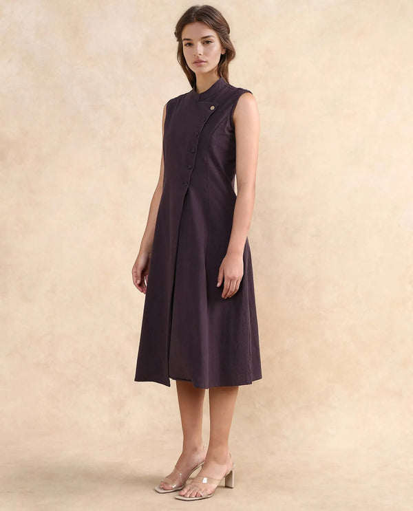 Rareism Women Beniz Dark Brown Cotton Fabric Sleeveless High Neck Button Closure A-Line Fit Midi Plain Dress