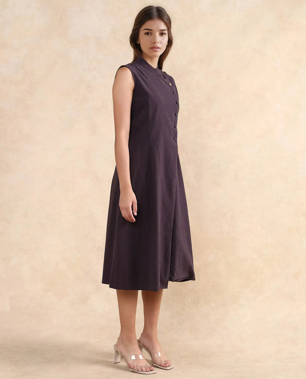 Rareism Women Beniz Dark Brown Cotton Fabric Sleeveless High Neck Button Closure A-Line Fit Midi Plain Dress