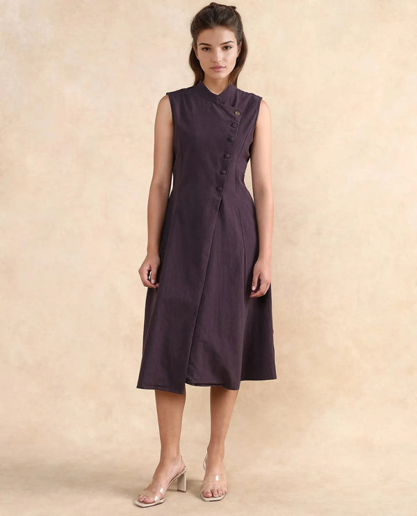 Rareism Women Beniz Dark Brown Cotton Fabric Sleeveless High Neck Button Closure A-Line Fit Midi Plain Dress