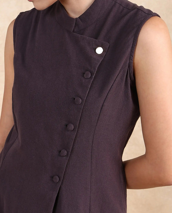 Rareism Women Beniz Dark Brown Cotton Fabric Sleeveless High Neck Button Closure A-Line Fit Midi Plain Dress