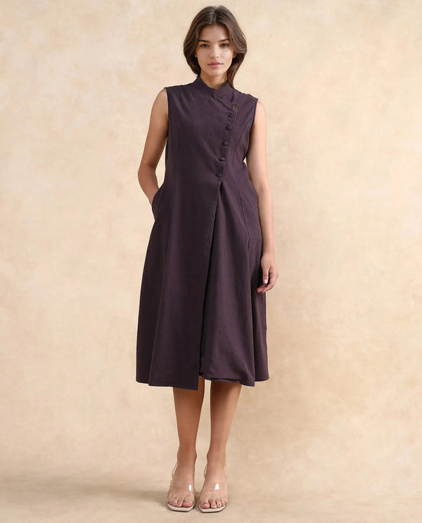 Rareism Women Beniz Dark Brown Cotton Fabric Sleeveless High Neck Button Closure A-Line Fit Midi Plain Dress