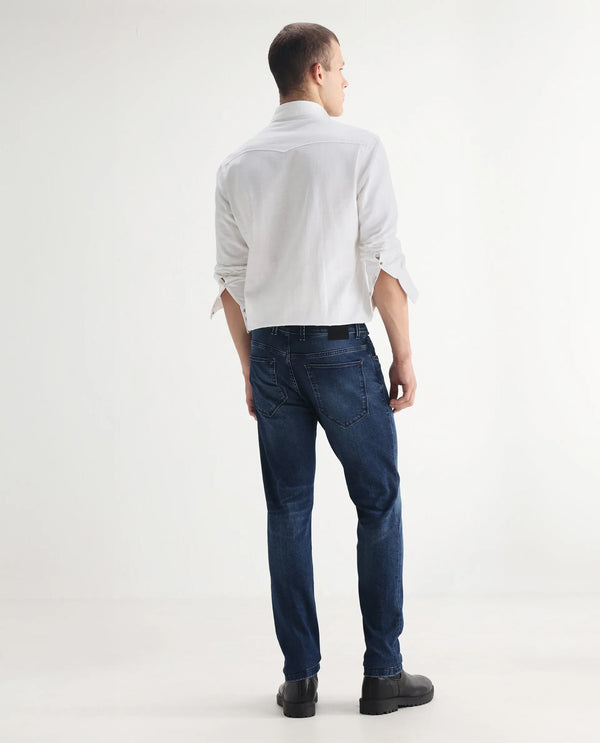 Rare Rabbit Mens Benn Blue Cotton Polyester Mid Wash Solid Slim Fit Jeans