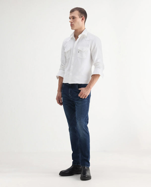Rare Rabbit Mens Benn Blue Cotton Polyester Mid Wash Solid Slim Fit Jeans