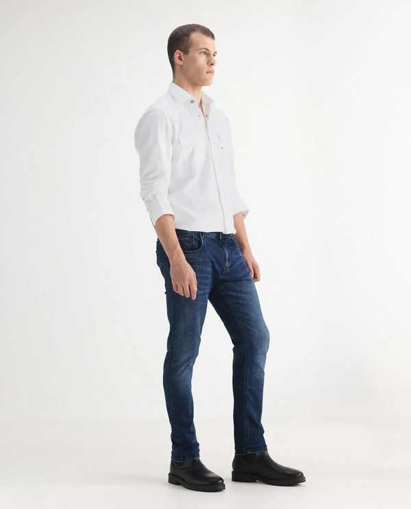 Rare Rabbit Mens Benn Blue Cotton Polyester Mid Wash Solid Slim Fit Jeans