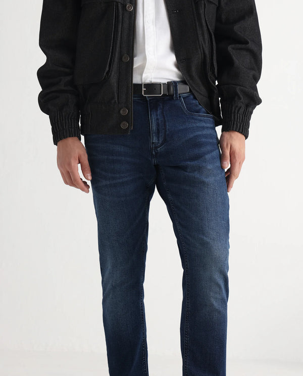 Rare Rabbit Mens Benn Blue Cotton Polyester Mid Wash Solid Slim Fit Jeans