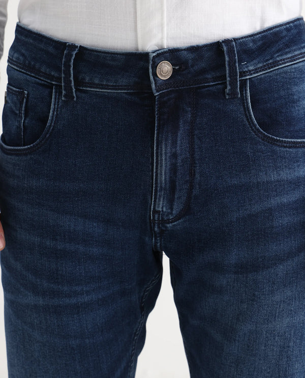 Rare Rabbit Mens Benn Blue Cotton Polyester Mid Wash Solid Slim Fit Jeans