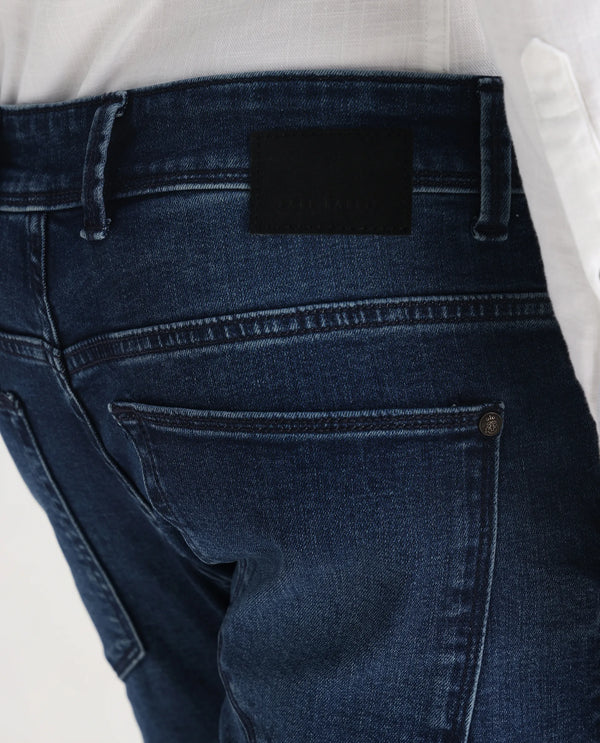 Rare Rabbit Mens Benn Blue Cotton Polyester Mid Wash Solid Slim Fit Jeans