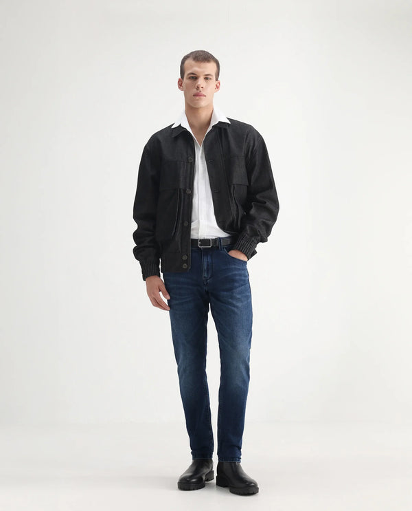 Rare Rabbit Mens Benn Blue Cotton Polyester Mid Wash Solid Slim Fit Jeans