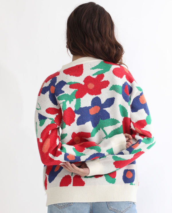 Rareism Women Bennett Sheen Multi Acrylic Fabric Full Sleeves Relaxed Fit Floral Print Round Neck Sweater