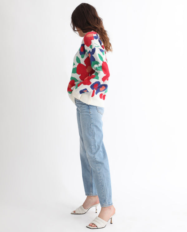 Rareism Women Bennett Sheen Multi Acrylic Fabric Full Sleeves Relaxed Fit Floral Print Round Neck Sweater
