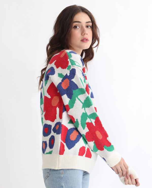 Rareism Women Bennett Sheen Multi Acrylic Fabric Full Sleeves Relaxed Fit Floral Print Round Neck Sweater