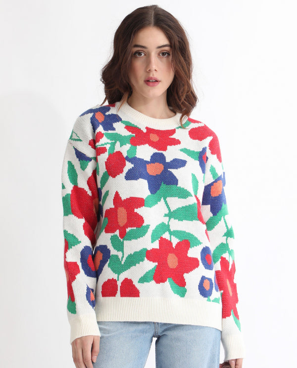 Rareism Women Bennett Sheen Multi Acrylic Fabric Full Sleeves Relaxed Fit Floral Print Round Neck Sweater
