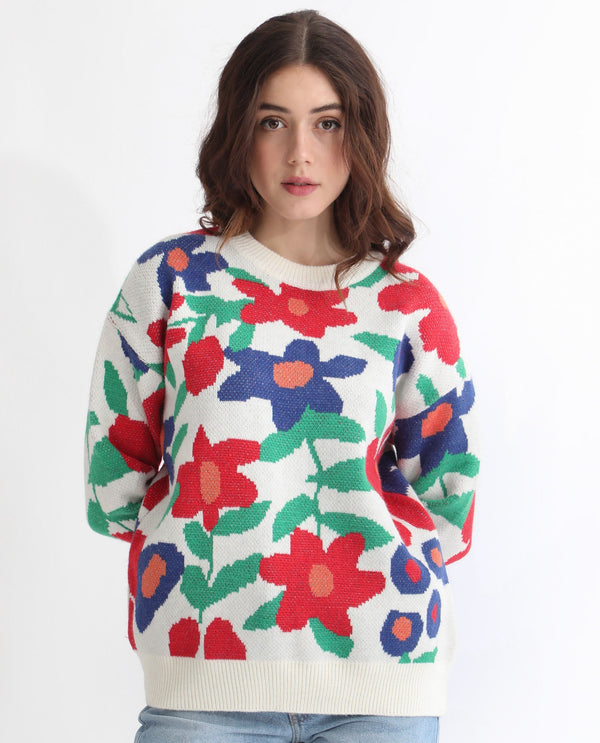 Rareism Women Bennett Sheen Multi Acrylic Fabric Full Sleeves Relaxed Fit Floral Print Round Neck Sweater