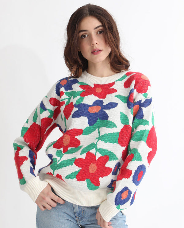 Rareism Women Bennett Sheen Multi Acrylic Fabric Full Sleeves Relaxed Fit Floral Print Round Neck Sweater