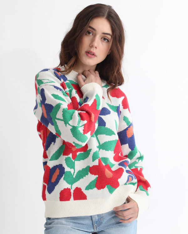 Rareism Women Bennett Sheen Multi Acrylic Fabric Full Sleeves Relaxed Fit Floral Print Round Neck Sweater