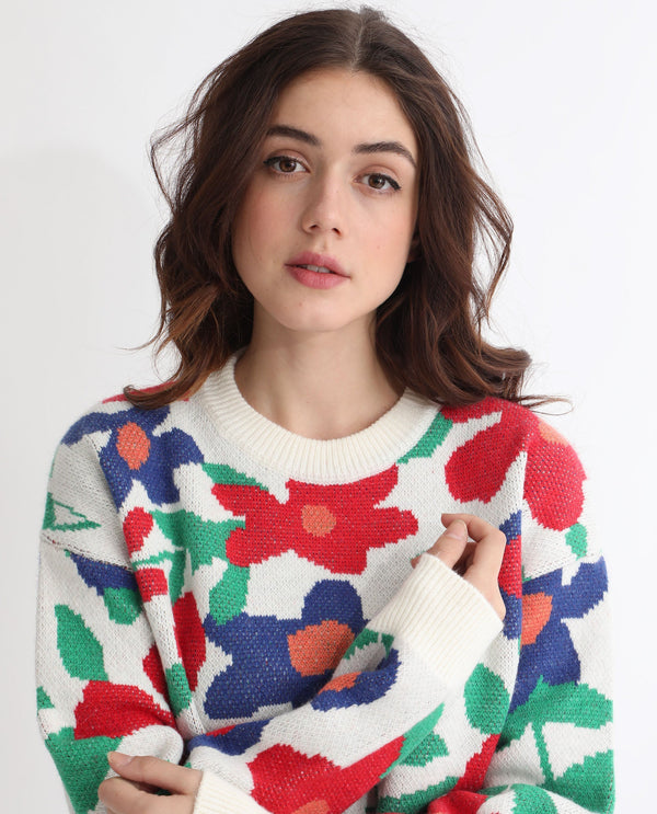 Rareism Women Bennett Sheen Multi Acrylic Fabric Full Sleeves Relaxed Fit Floral Print Round Neck Sweater