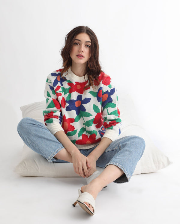 Rareism Women Bennett Sheen Multi Acrylic Fabric Full Sleeves Relaxed Fit Floral Print Round Neck Sweater
