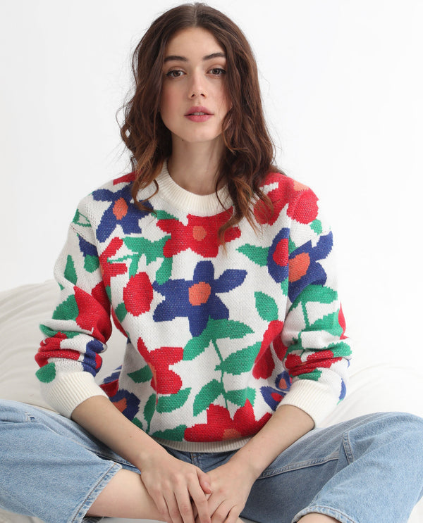 Rareism Women Bennett Sheen Multi Acrylic Fabric Full Sleeves Relaxed Fit Floral Print Round Neck Sweater