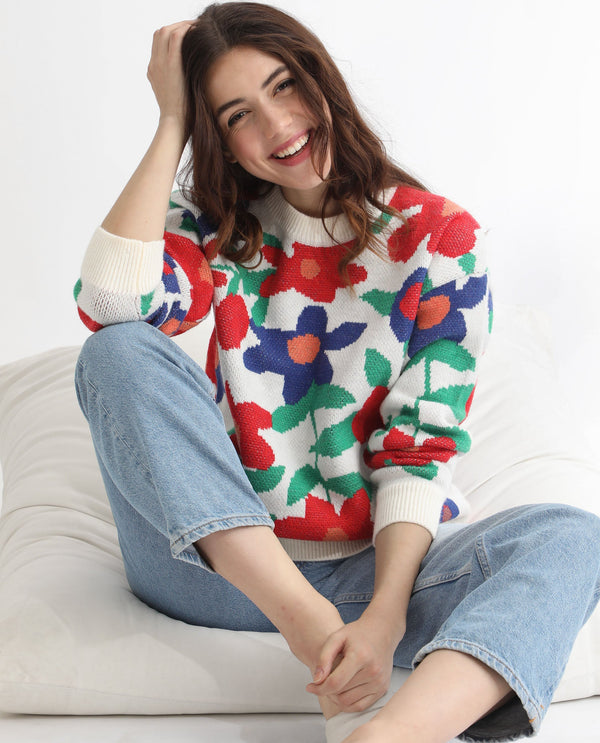 Rareism Women Bennett Sheen Multi Acrylic Fabric Full Sleeves Relaxed Fit Floral Print Round Neck Sweater