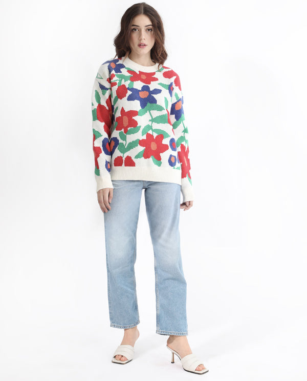 Rareism Women Bennett Sheen Multi Acrylic Fabric Full Sleeves Relaxed Fit Floral Print Round Neck Sweater