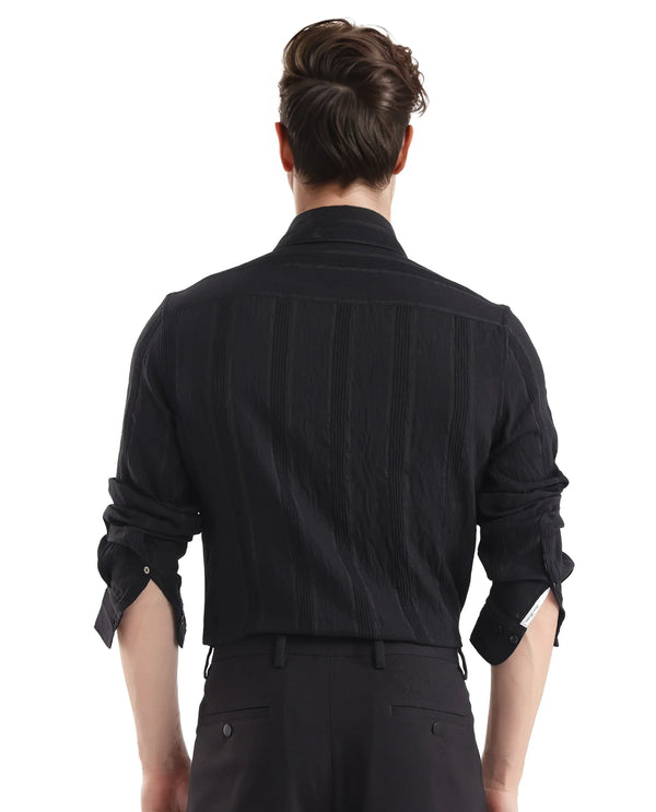 Rare Rabbit Men Benon Black Viscose Nylon Fabric Full Sleeves Regular Fit Textured Stripe Shirt