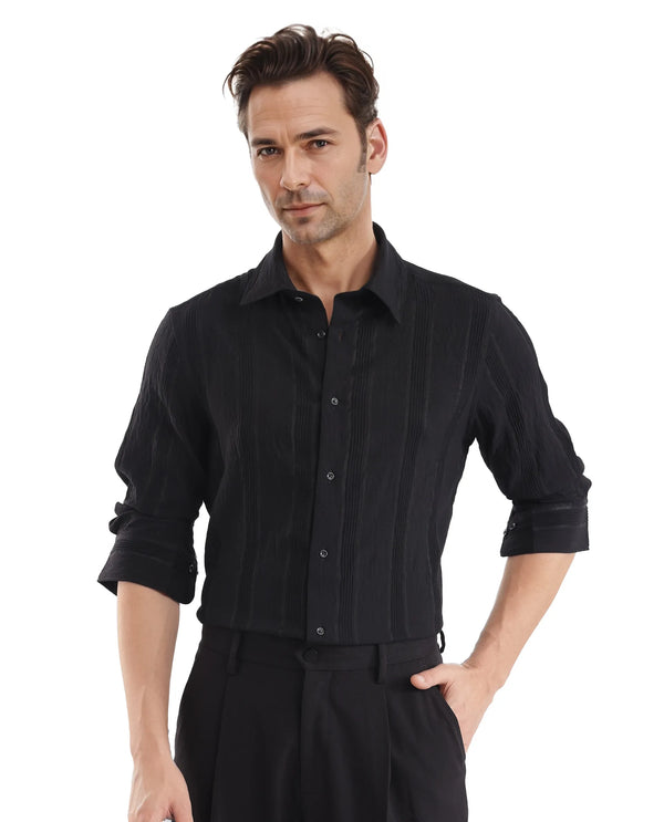Rare Rabbit Men Benon Black Viscose Nylon Fabric Full Sleeves Regular Fit Textured Stripe Shirt