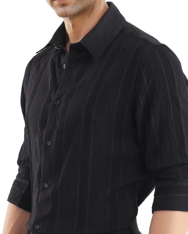 Rare Rabbit Men Benon Black Viscose Nylon Fabric Full Sleeves Regular Fit Textured Stripe Shirt