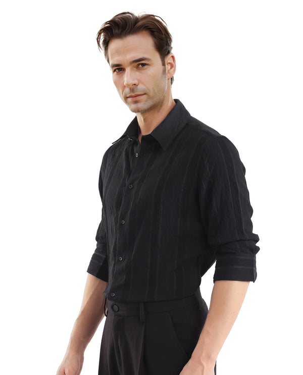 Rare Rabbit Men Benon Black Viscose Nylon Fabric Full Sleeves Regular Fit Textured Stripe Shirt