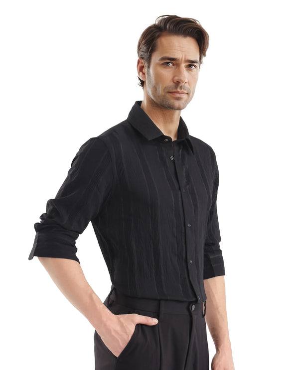 Rare Rabbit Men Benon Black Viscose Nylon Fabric Full Sleeves Regular Fit Textured Stripe Shirt
