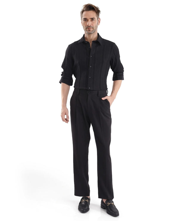 Rare Rabbit Men Benon Black Viscose Nylon Fabric Full Sleeves Regular Fit Textured Stripe Shirt