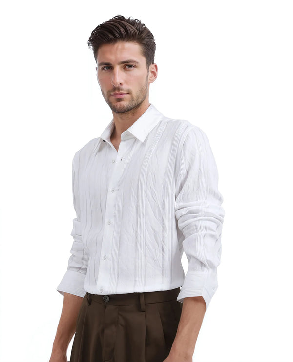 Rare Rabbit Men Benon White Viscose Nylon Fabric Full Sleeves Regular Fit Textured Stripe Shirt