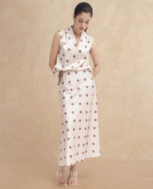 Rareism Women Berdo-B-SC Beige Polyester Fabric Polka Print Relaxed Midi Skirt