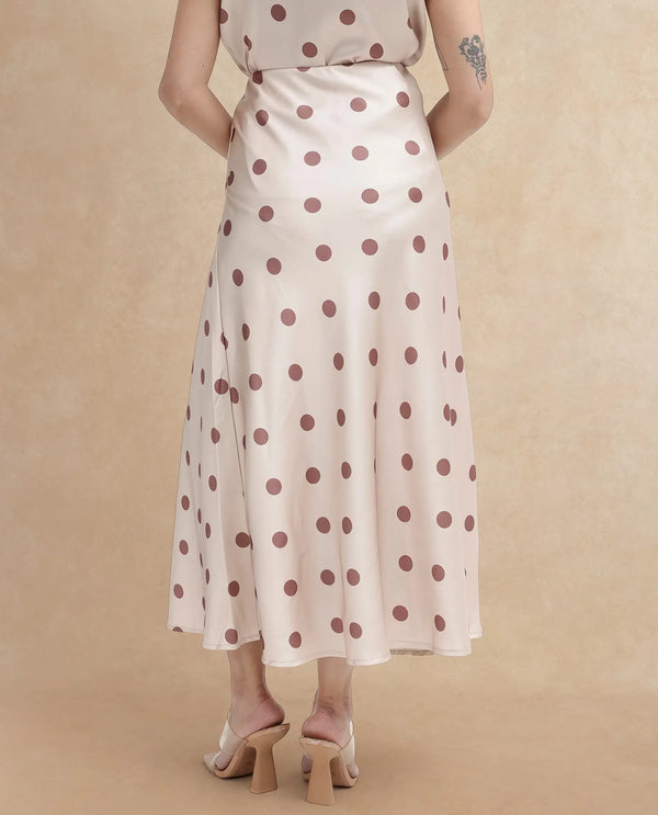 Rareism Women Berdo-B-SC Beige Polyester Fabric Polka Print Relaxed Midi Skirt