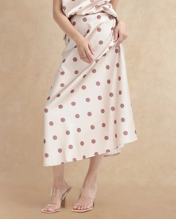 Rareism Women Berdo-B-SC Beige Polyester Fabric Polka Print Relaxed Midi Skirt