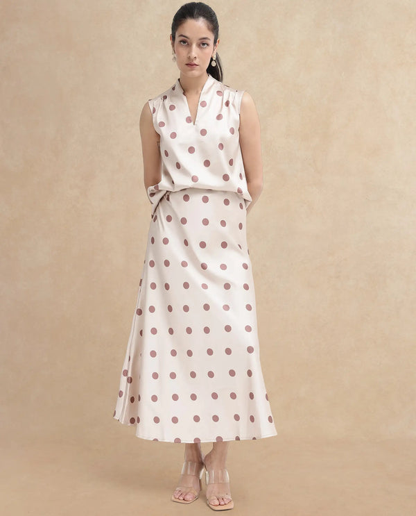 Rareism Women Berdo-B-SC Beige Polyester Fabric Polka Print Relaxed Midi Skirt