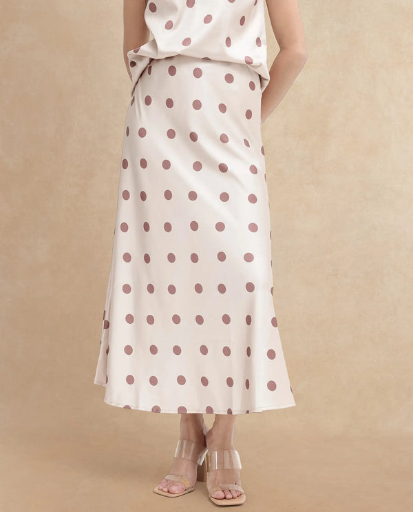 Rareism Women Berdo-B-SC Beige Polyester Fabric Polka Print Relaxed Midi Skirt