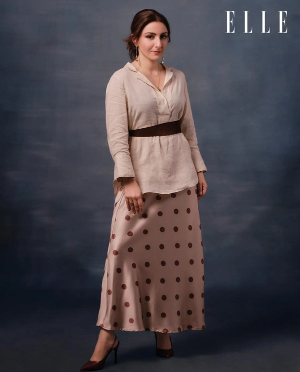 Rareism Women Berdo-B-SC Beige Polyester Fabric Polka Print Relaxed Midi Skirt