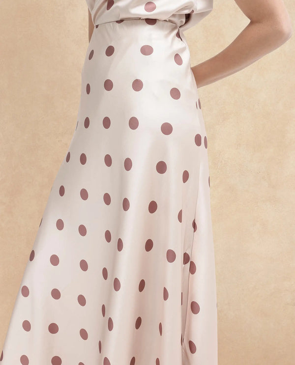 Rareism Women Berdo-B-SC Beige Polyester Fabric Polka Print Relaxed Midi Skirt