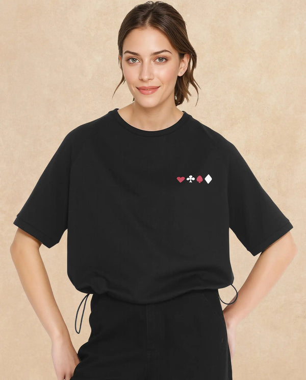 Rareism Women Berly Black Cotton Lycra Fabric Short Sleeve Crew Neck Graphic Print T-Shirt