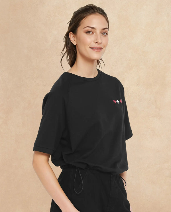 Rareism Women Berly Black Cotton Lycra Fabric Short Sleeve Crew Neck Graphic Print T-Shirt
