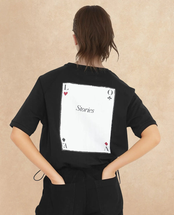 Rareism Women Berly Black Cotton Lycra Fabric Short Sleeve Crew Neck Graphic Print T-Shirt